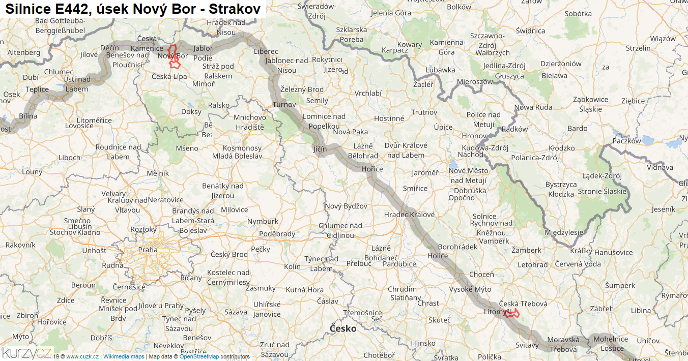 Úsek Nový Bor - Strakov, Silnice E442 - Mapa
