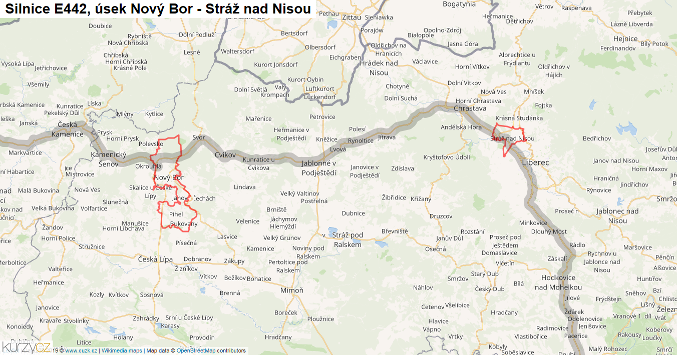 Úsek Nový Bor - Stráž nad Nisou, Silnice E442 - Mapa