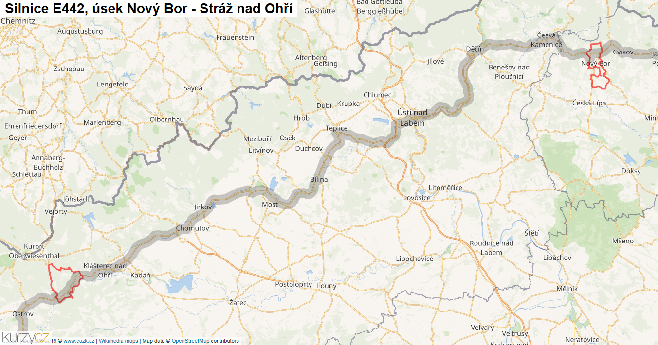 Úsek Nový Bor - Stráž nad Ohří, Silnice E442 - Mapa
