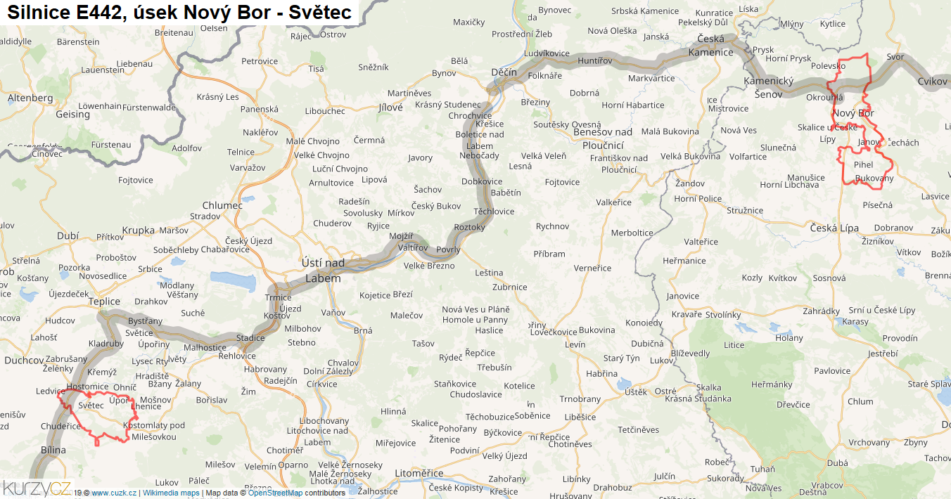 Úsek Nový Bor - Světec, Silnice E442 - Mapa