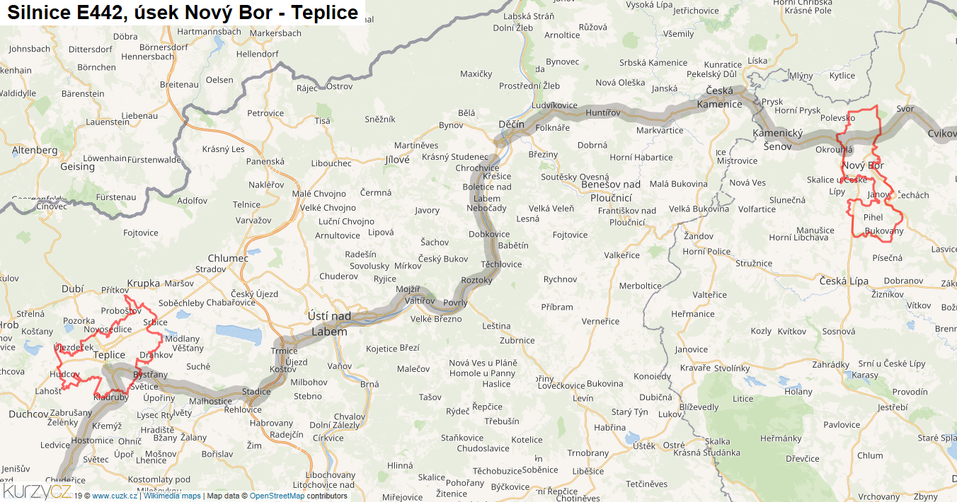 Úsek Nový Bor - Teplice, Silnice E442 - Mapa