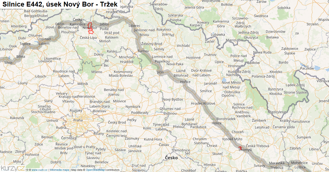 Úsek Nový Bor - Tržek, Silnice E442 - Mapa