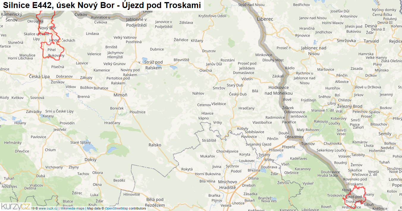 Úsek Nový Bor - Újezd pod Troskami, Silnice E442 - Mapa