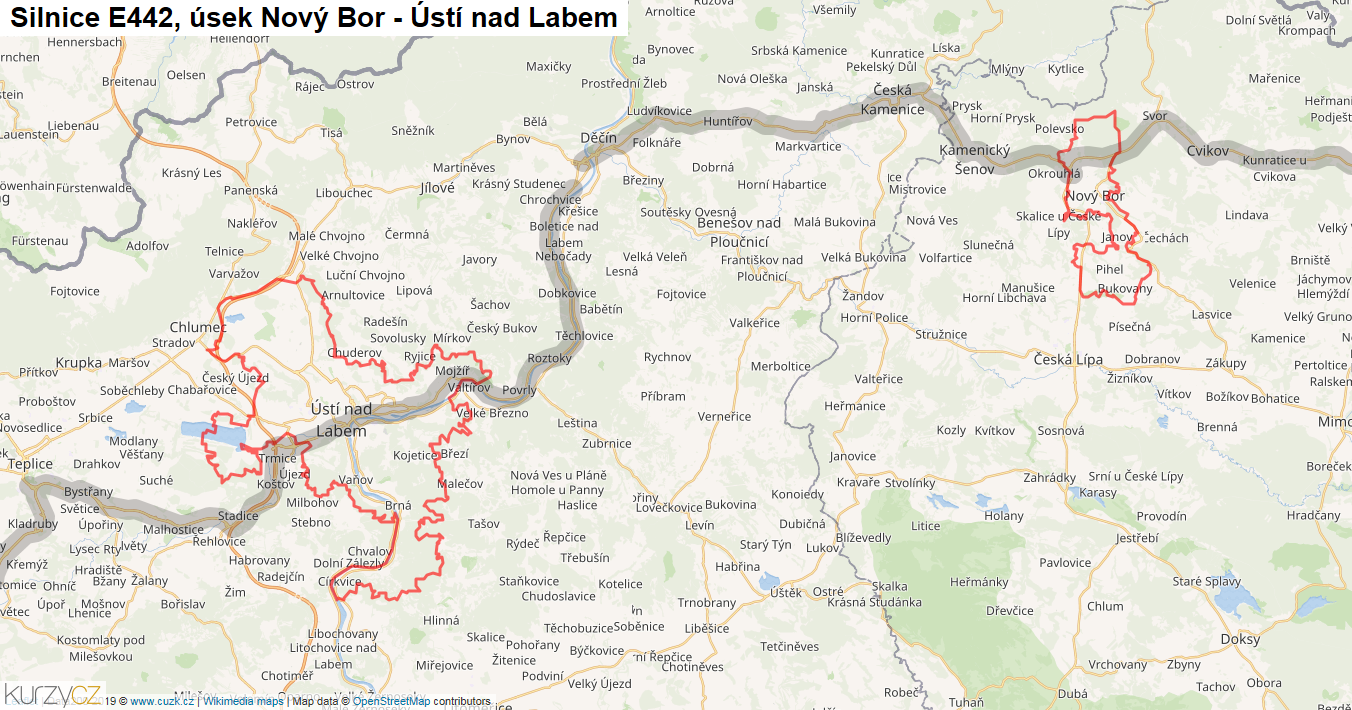 Úsek Nový Bor - Ústí nad Labem, Silnice E442 - Mapa