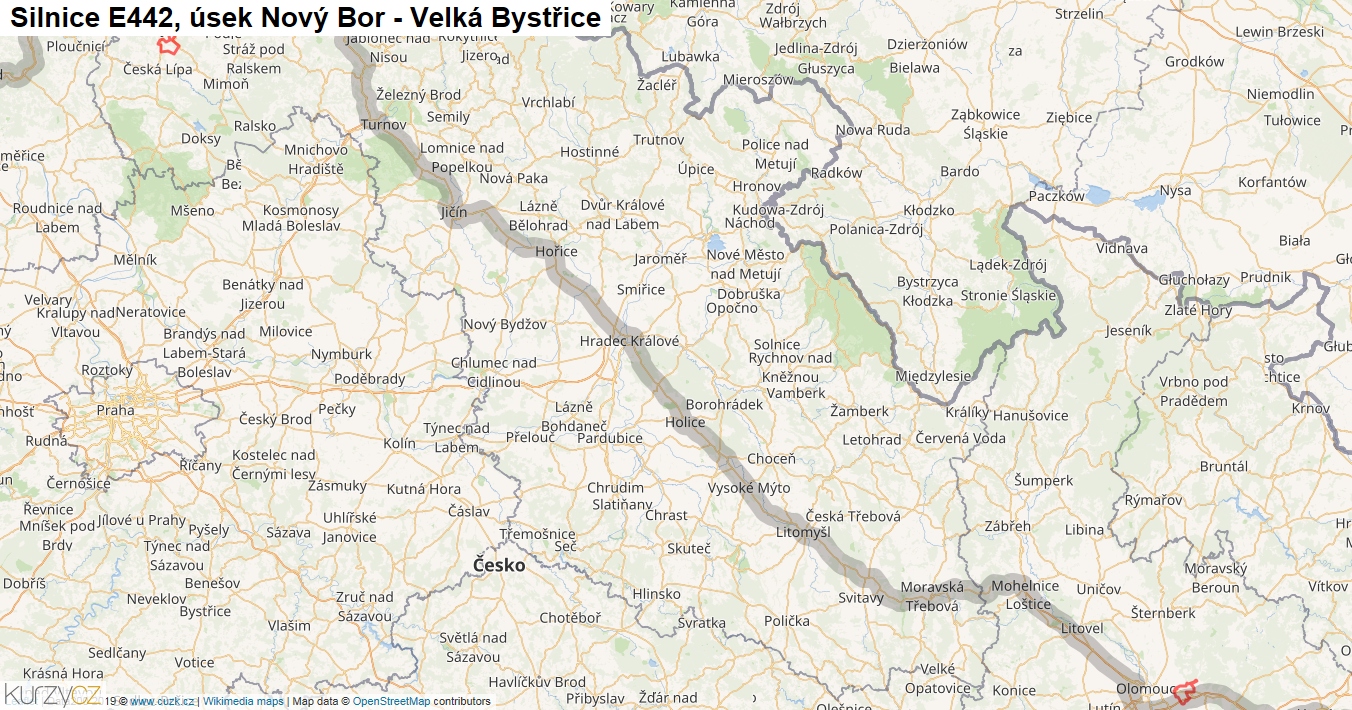 Úsek Nový Bor - Velká Bystřice, Silnice E442 - Mapa