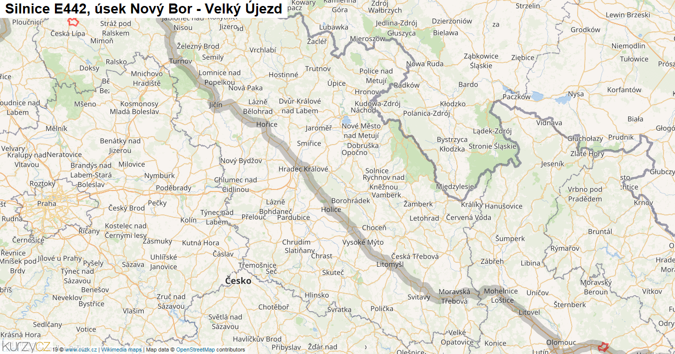 Úsek Nový Bor - Velký Újezd, Silnice E442 - Mapa