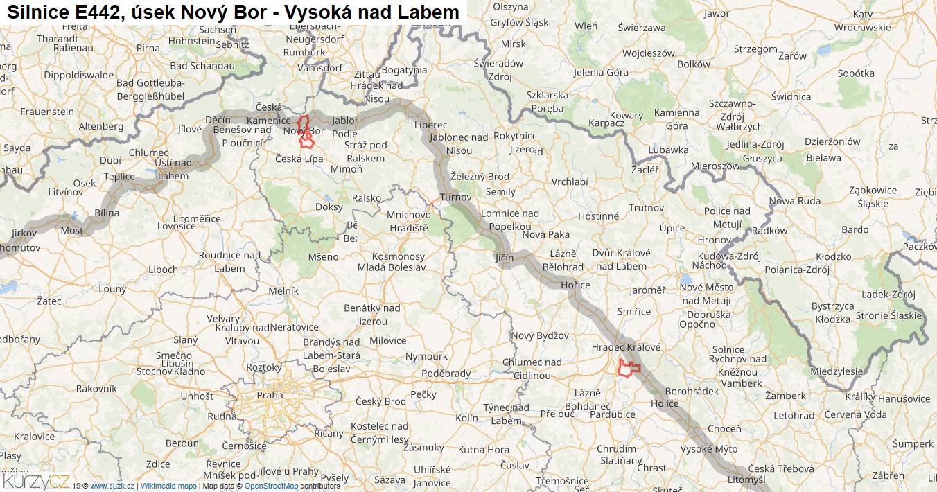Úsek Nový Bor - Vysoká nad Labem, Silnice E442 - Mapa