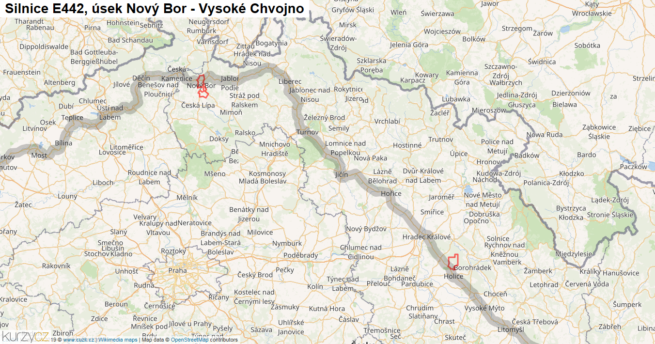 Úsek Nový Bor - Vysoké Chvojno, Silnice E442 - Mapa