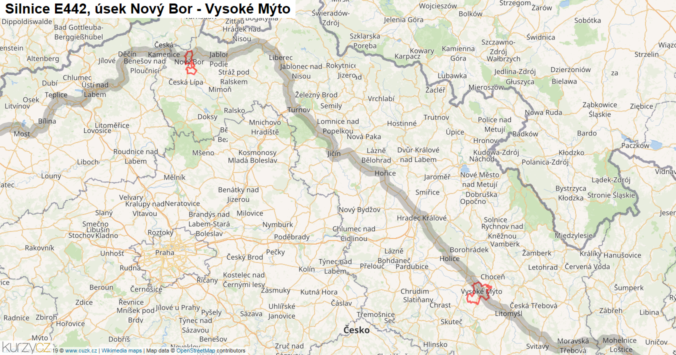 Úsek Nový Bor - Vysoké Mýto, Silnice E442 - Mapa