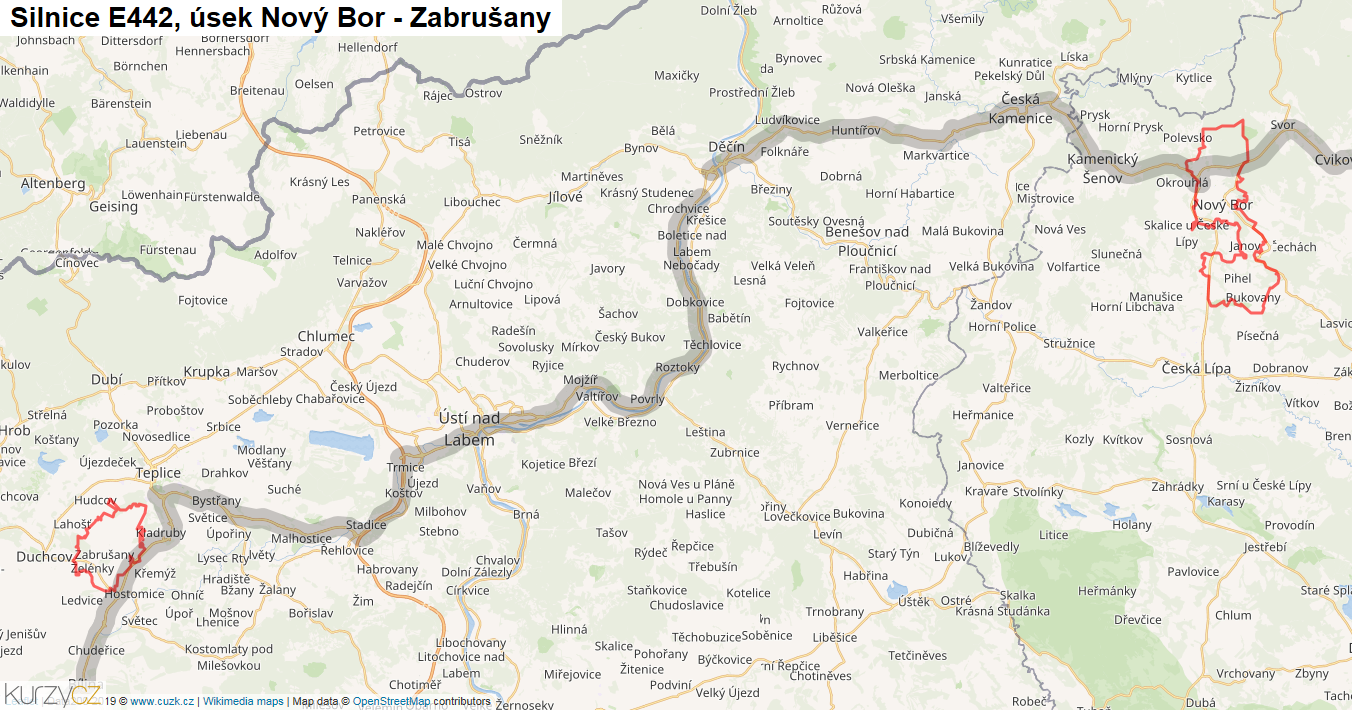 Úsek Nový Bor - Zabrušany, Silnice E442 - Mapa