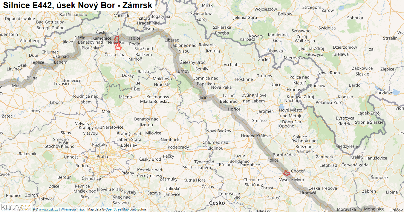 Úsek Nový Bor - Zámrsk, Silnice E442 - Mapa