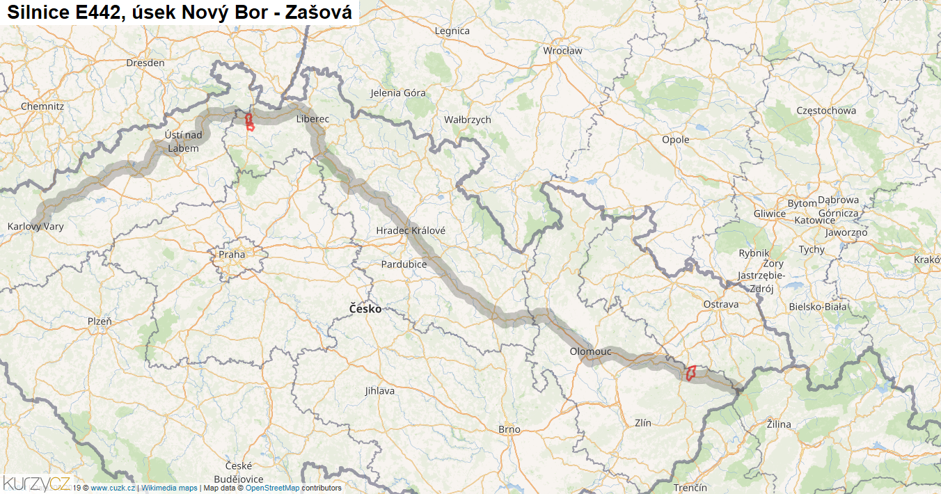 Úsek Nový Bor - Zašová, Silnice E442 - Mapa