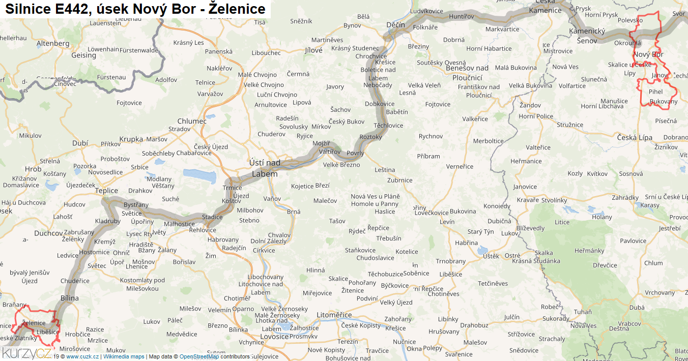 Úsek Nový Bor - Želenice, Silnice E442 - Mapa