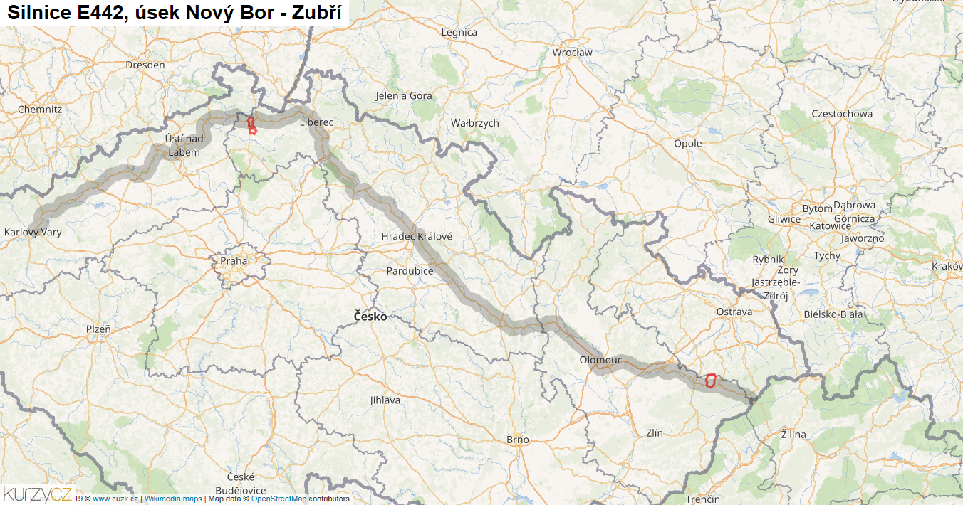 Úsek Nový Bor - Zubří, Silnice E442 - Mapa