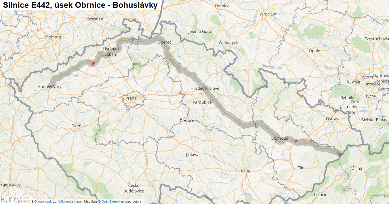 Úsek Obrnice - Bohuslávky, Silnice E442 - Mapa