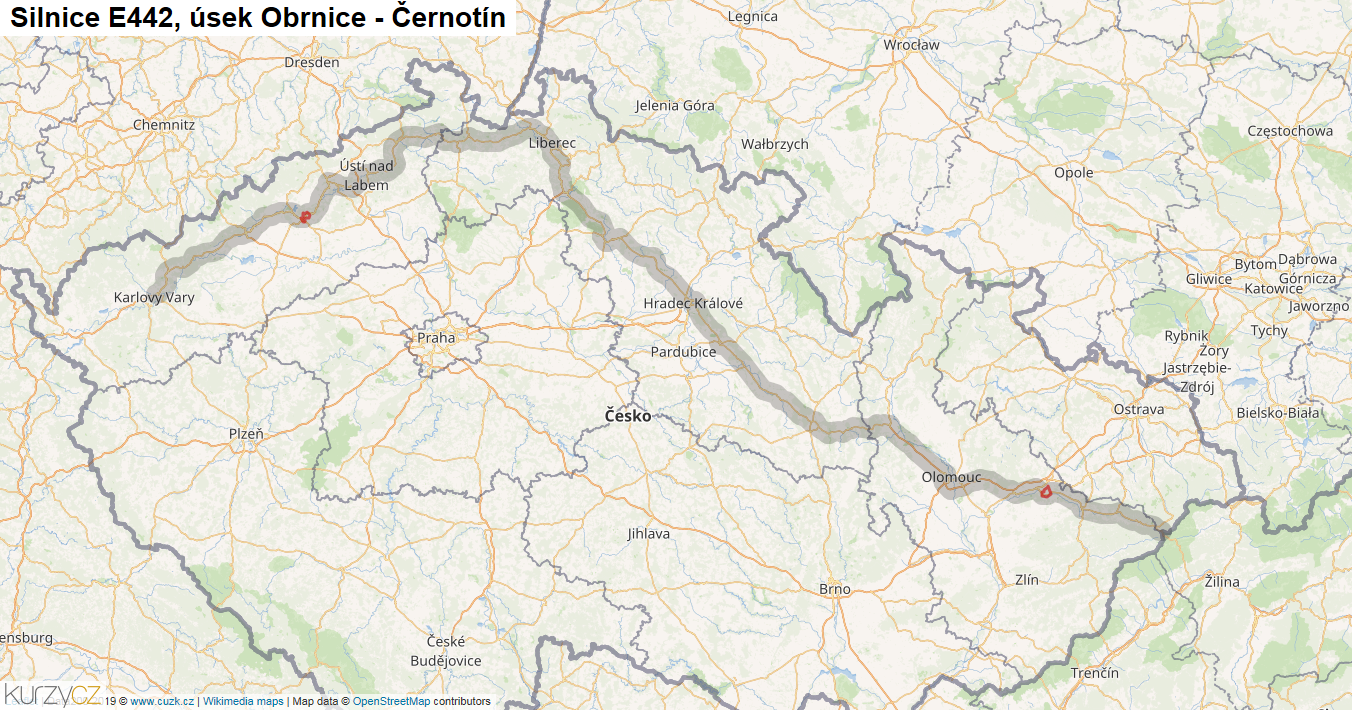 Úsek Obrnice - Černotín, Silnice E442 - Mapa