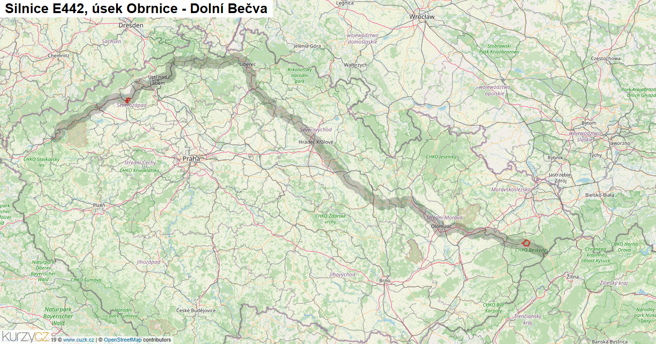Úsek Obrnice - Dolní Bečva, Silnice E442 - Mapa