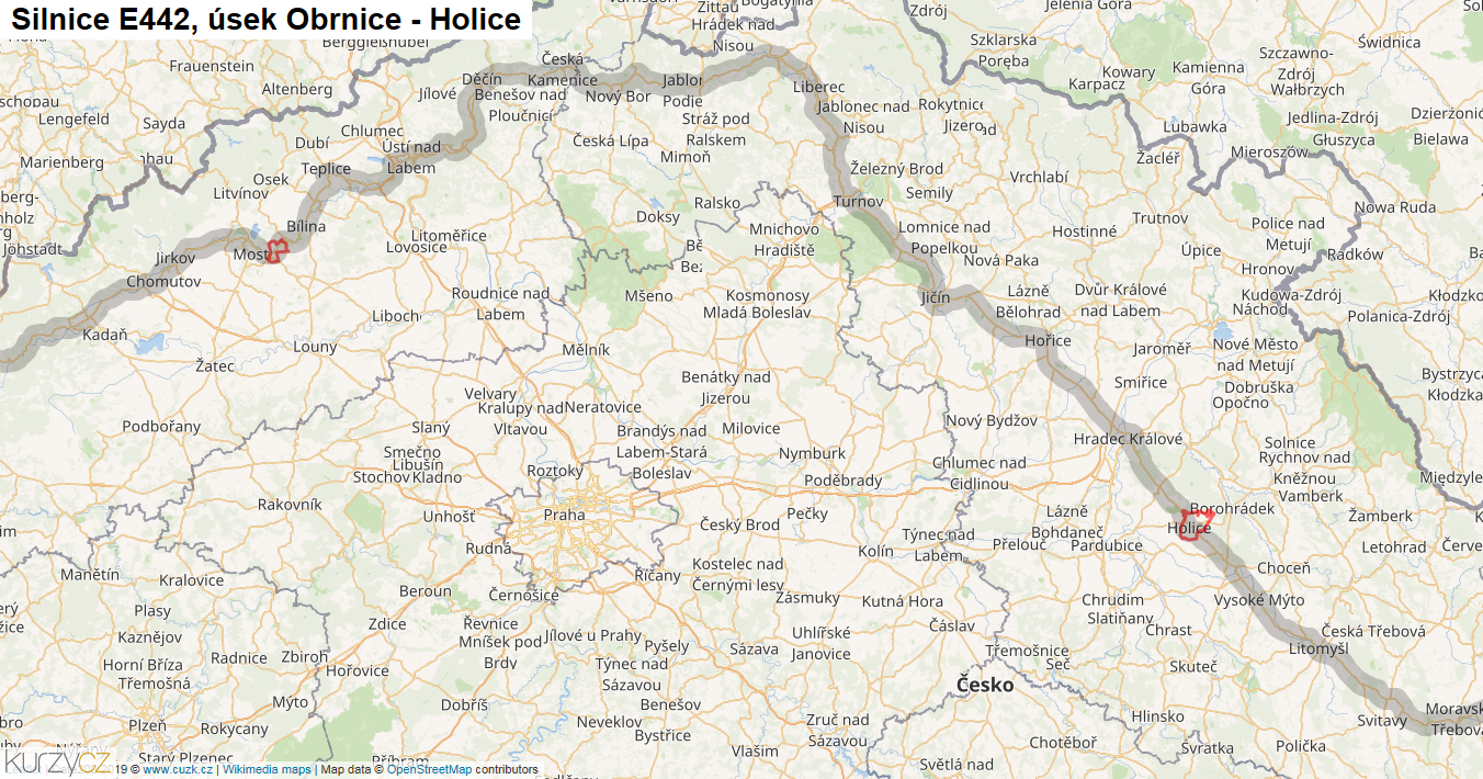 Úsek Obrnice - Holice, Silnice E442 - Mapa