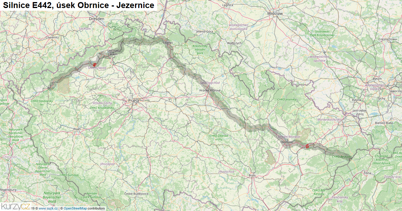 Úsek Obrnice - Jezernice, Silnice E442 - Mapa