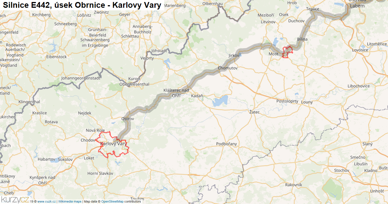 Úsek Obrnice - Karlovy Vary, Silnice E442 - Mapa