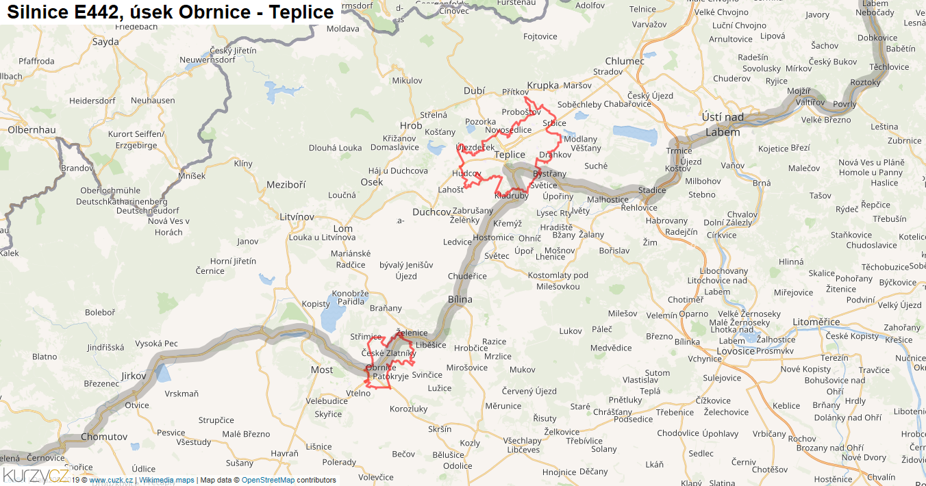 Úsek Obrnice - Teplice, Silnice E442 - Mapa
