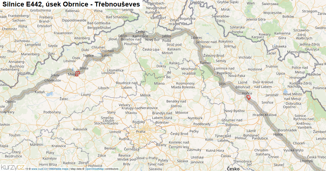 Úsek Obrnice - Třebnouševes, Silnice E442 - Mapa