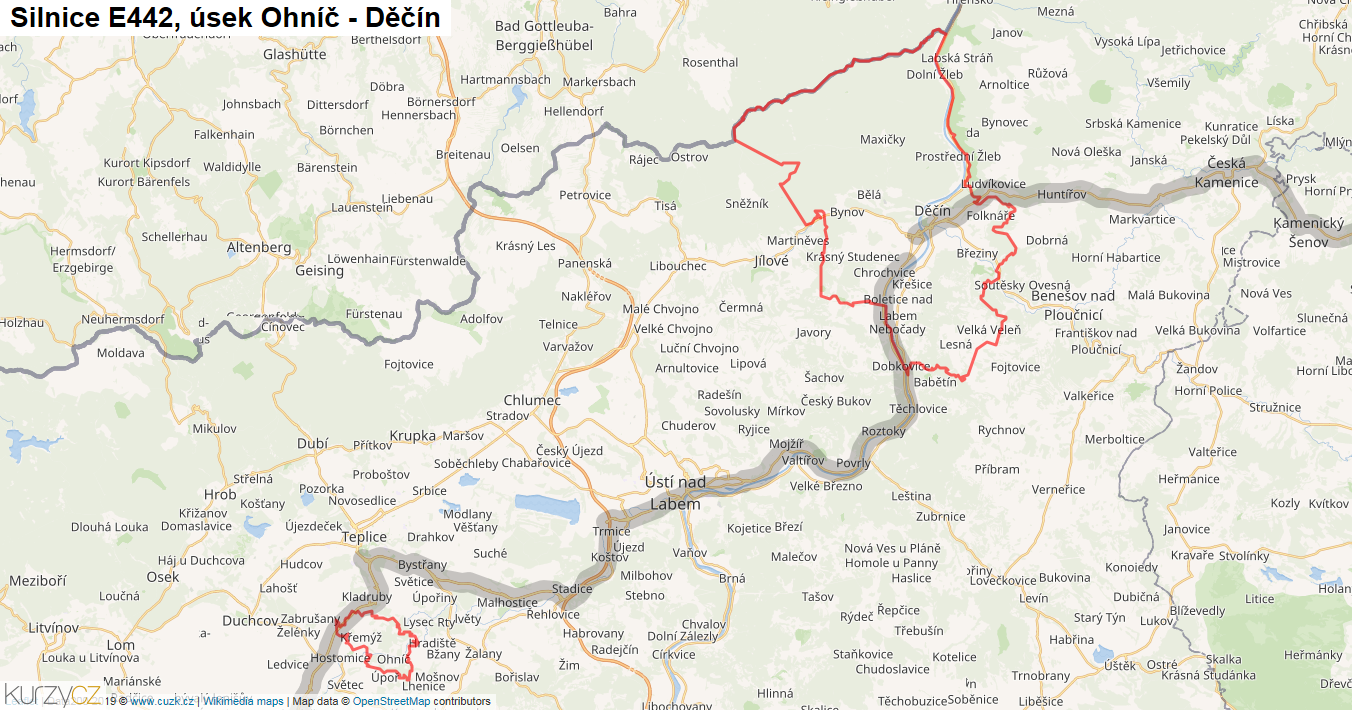 Úsek Ohníč - Děčín, Silnice E442 - Mapa