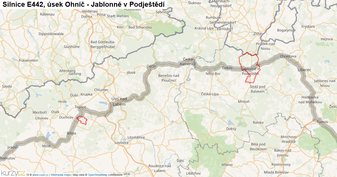 Úsek Ohníč - Jablonné v Podještědí, Silnice E442 - Mapa