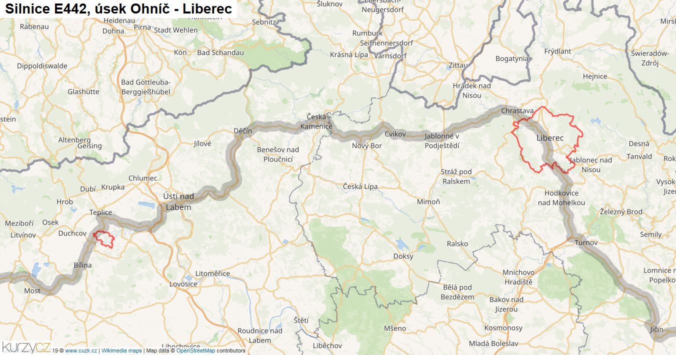Úsek Ohníč - Liberec, Silnice E442 - Mapa