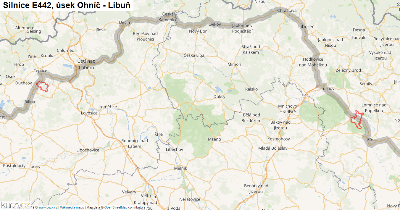 Úsek Ohníč - Libuň, Silnice E442 - Mapa