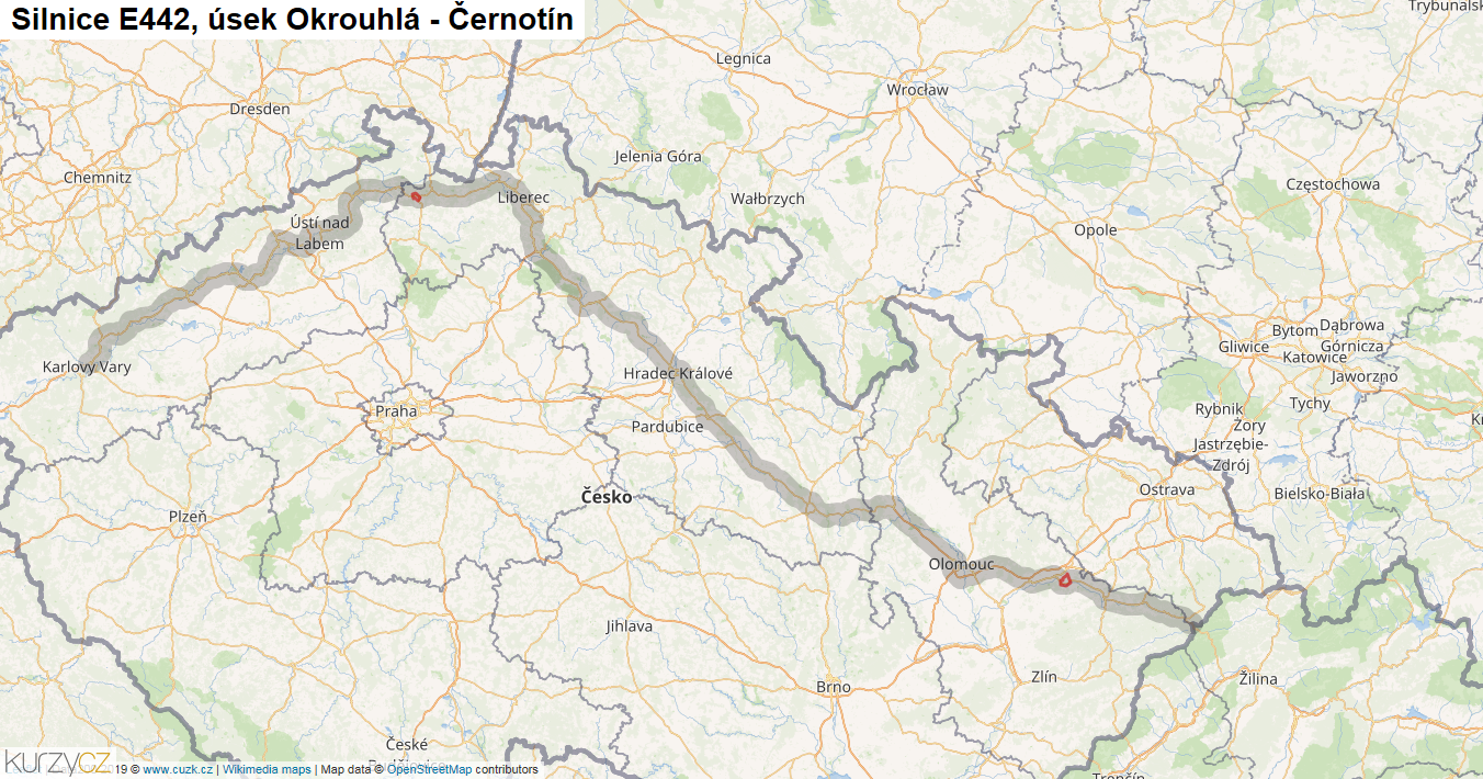 Úsek Okrouhlá - Černotín, Silnice E442 - Mapa
