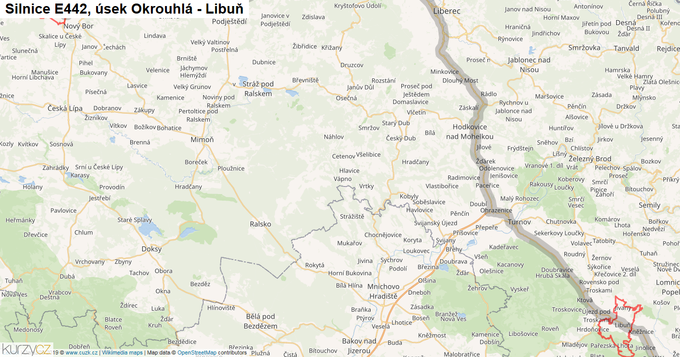 Úsek Okrouhlá - Libuň, Silnice E442 - Mapa
