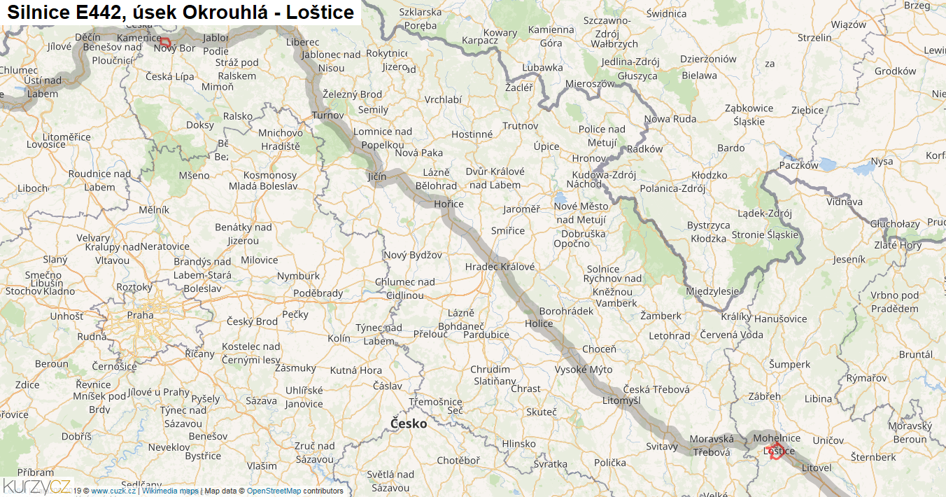 Úsek Okrouhlá - Loštice, Silnice E442 - Mapa