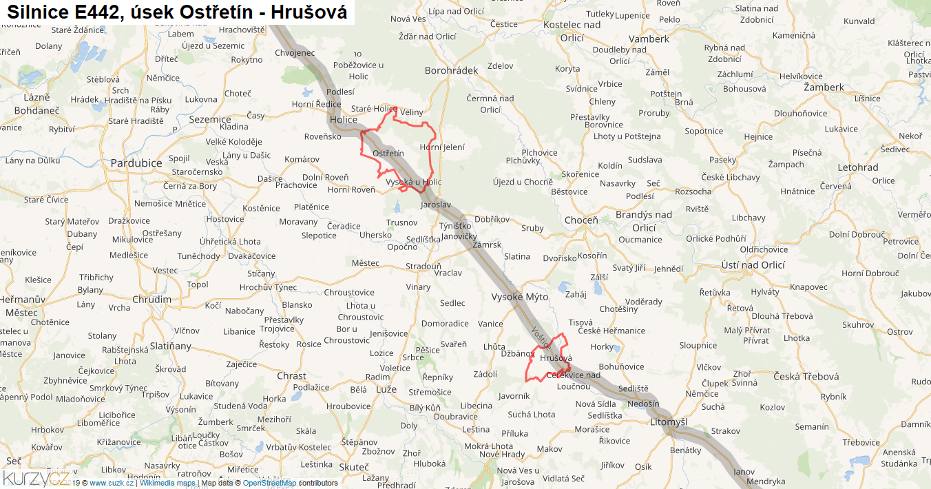 Úsek Ostřetín - Hrušová, Silnice E442 - Mapa