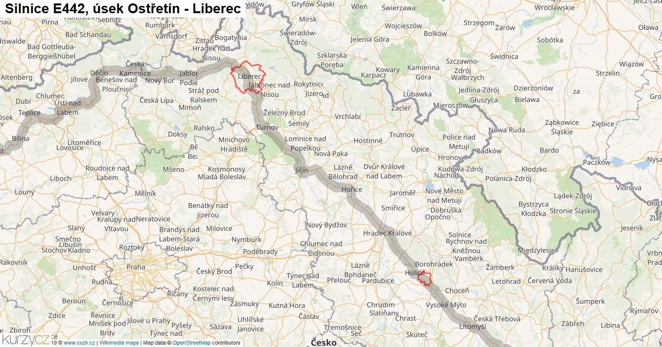 Úsek Ostřetín - Liberec, Silnice E442 - Mapa