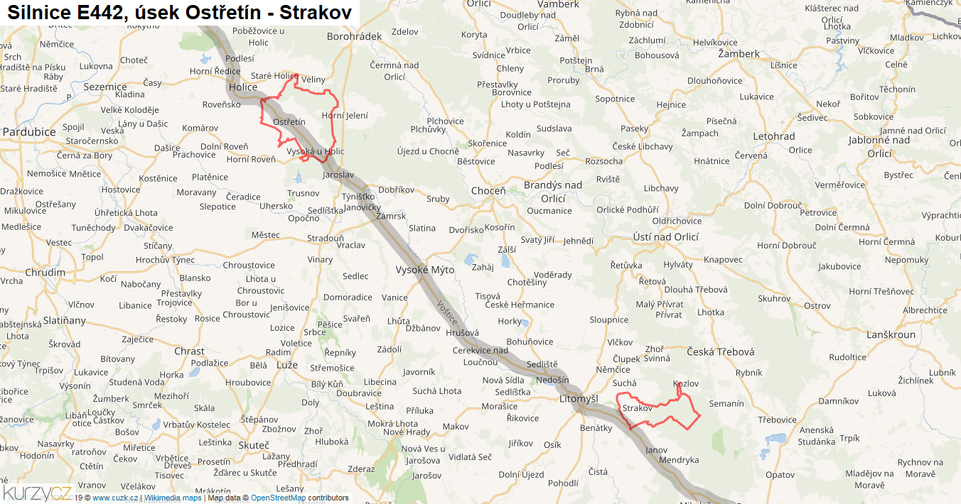 Úsek Ostřetín - Strakov, Silnice E442 - Mapa