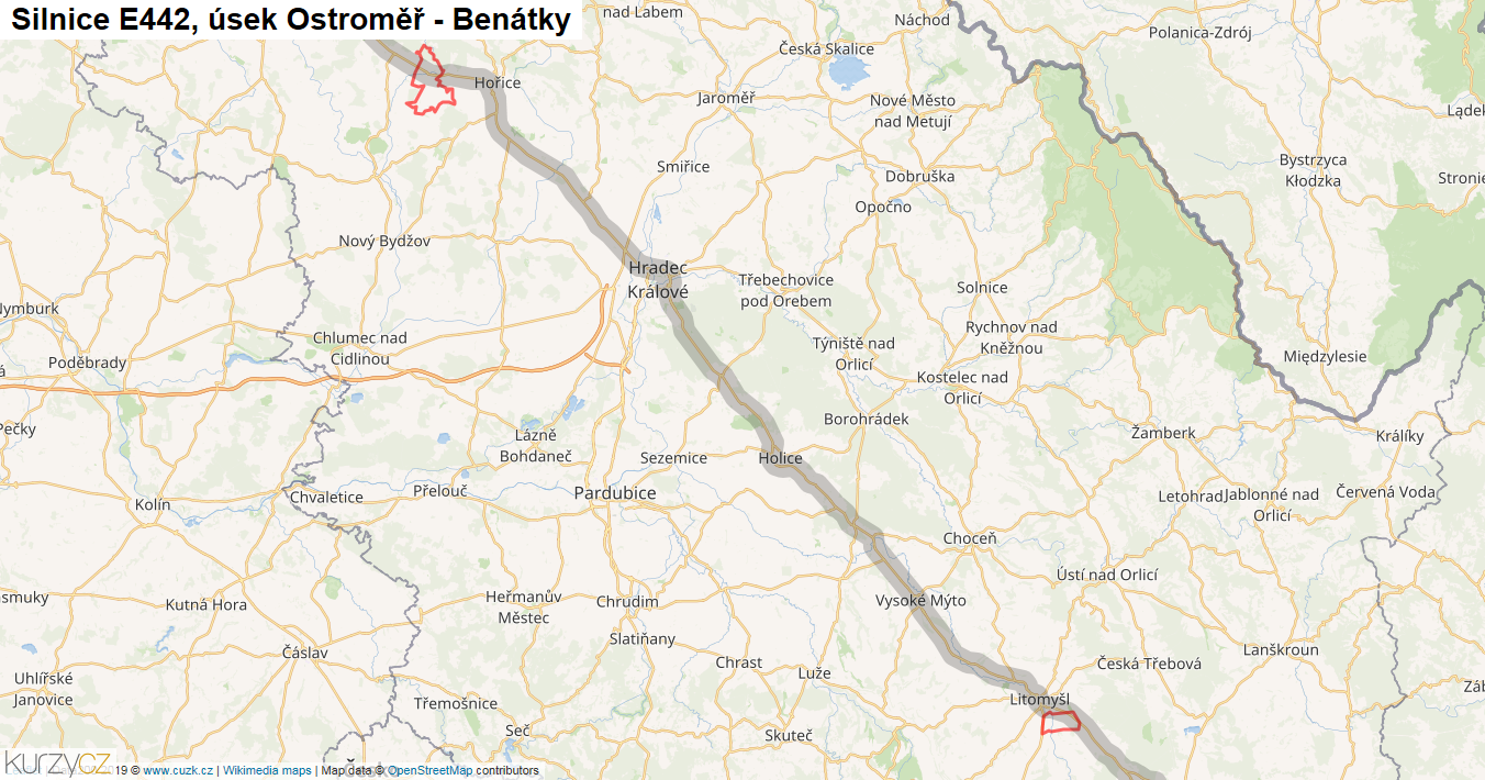 Úsek Ostroměř - Benátky, Silnice E442 - Mapa