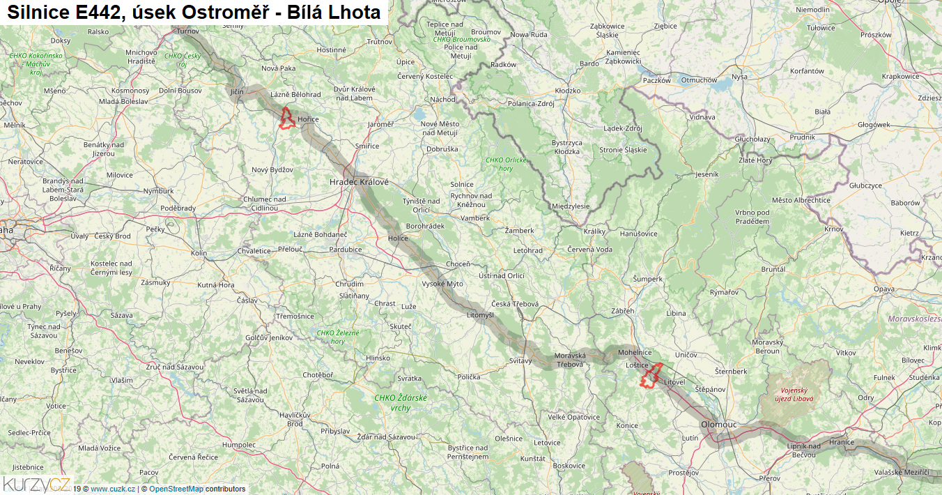 Úsek Ostroměř - Bílá Lhota, Silnice E442 - Mapa