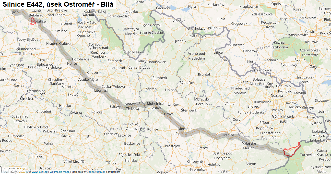 Úsek Ostroměř - Bílá, Silnice E442 - Mapa