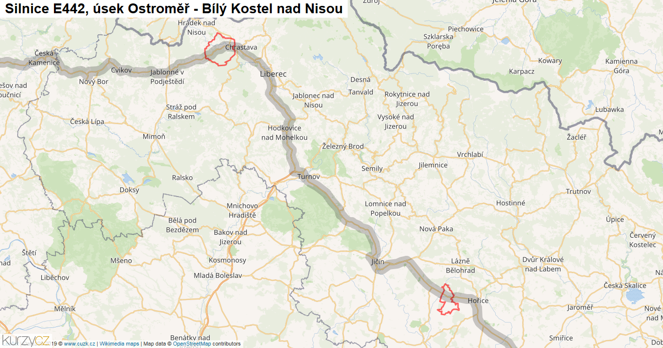 Úsek Ostroměř - Bílý Kostel nad Nisou, Silnice E442 - Mapa