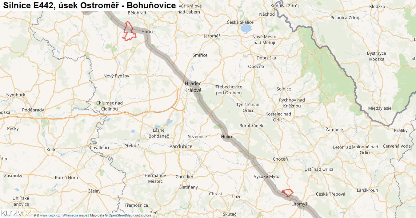 Úsek Ostroměř - Bohuňovice, Silnice E442 - Mapa