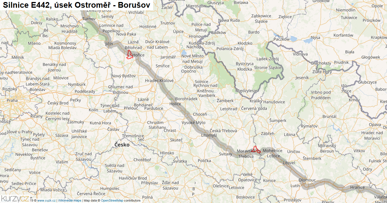 Úsek Ostroměř - Borušov, Silnice E442 - Mapa