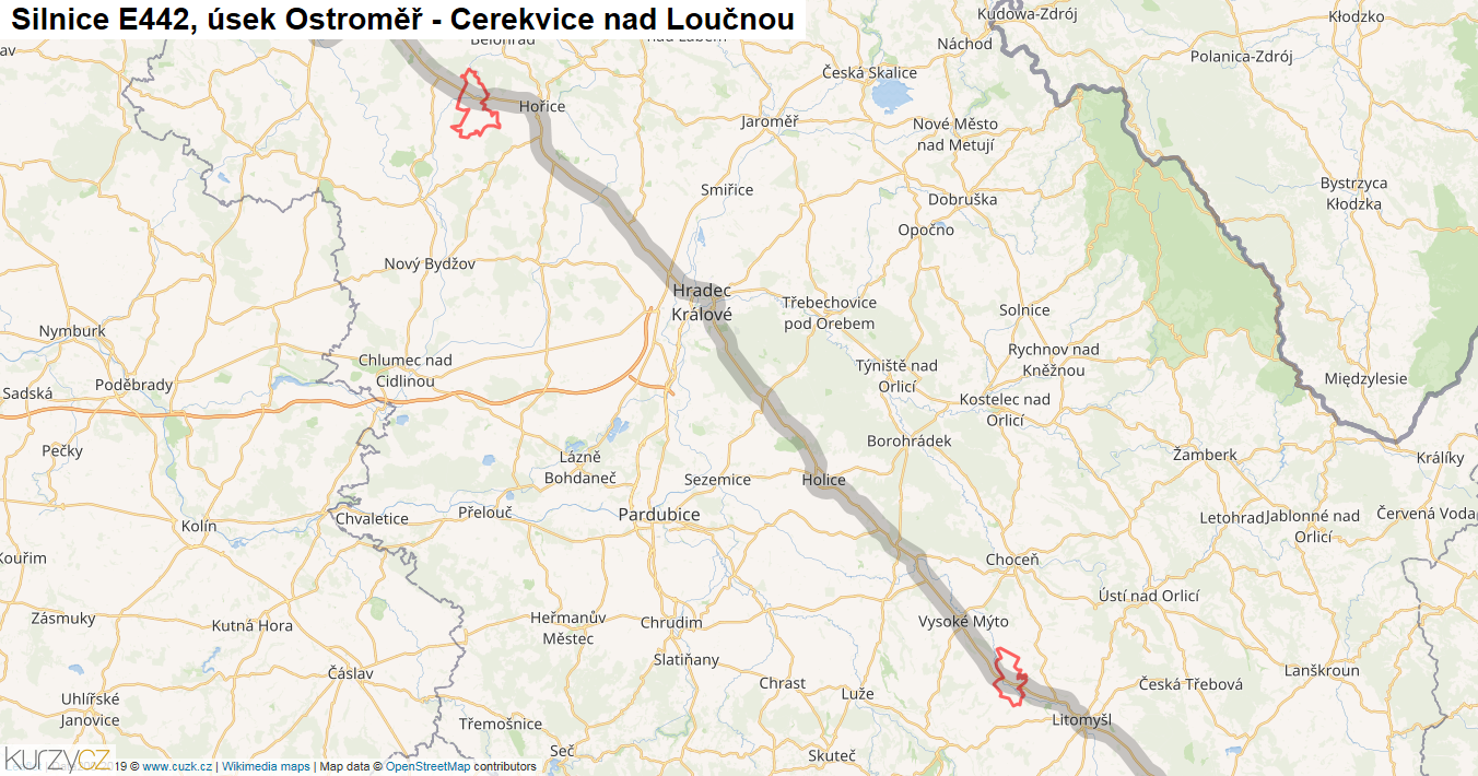 Úsek Ostroměř - Cerekvice nad Loučnou, Silnice E442 - Mapa