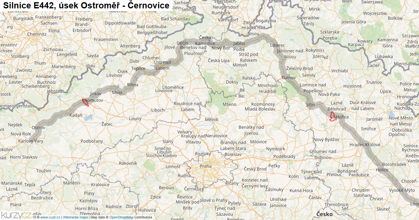 Úsek Ostroměř - Černovice, Silnice E442 - Mapa