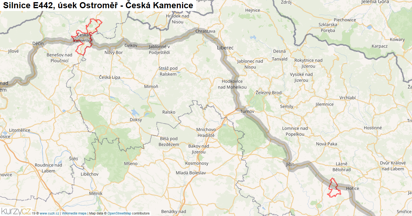 Úsek Ostroměř - Česká Kamenice, Silnice E442 - Mapa