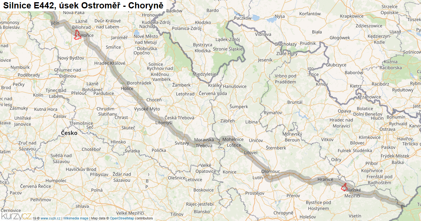 Úsek Ostroměř - Choryně, Silnice E442 - Mapa