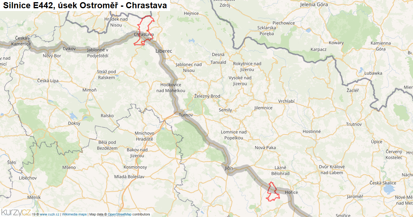 Úsek Ostroměř - Chrastava, Silnice E442 - Mapa