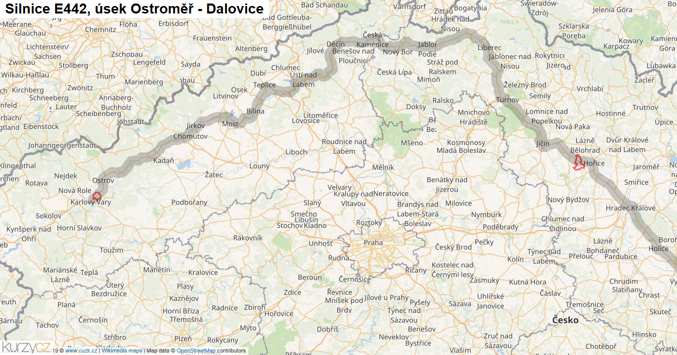 Úsek Ostroměř - Dalovice, Silnice E442 - Mapa