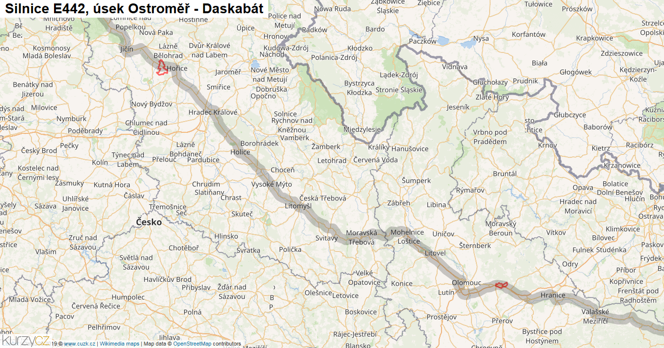 Úsek Ostroměř - Daskabát, Silnice E442 - Mapa