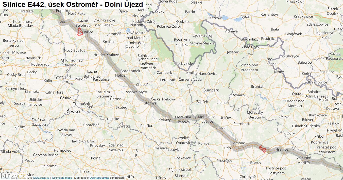 Úsek Ostroměř - Dolní Újezd, Silnice E442 - Mapa